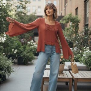 90s LINEN Terracotta/Rust Fairycore/Boho Bell Sleeve Top Rushed fringe XS/S/M